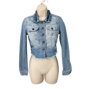 HIGHWAY JEANS Women Distressed Jacket Denim Y2K Grunge 90s Crop Studs Size XS